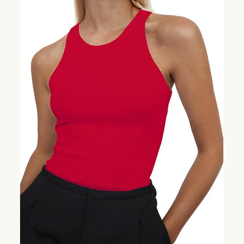 Ribbed Racer Neck Basic Tank Top - Red