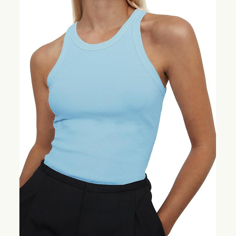 Ribbed Racer Neck Basic Tank Top - SkyBlue