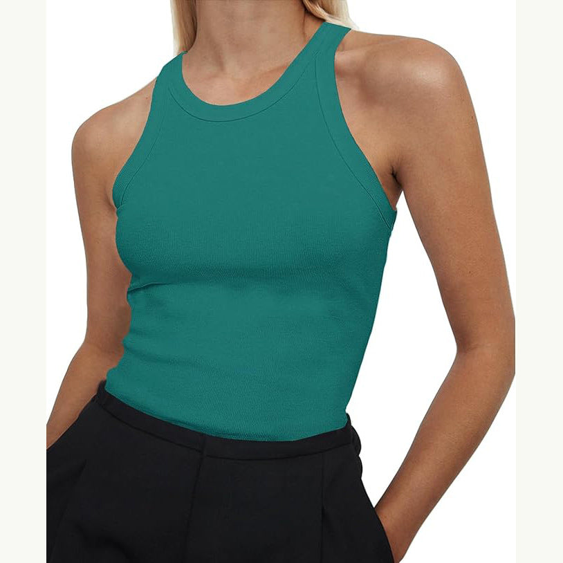Ribbed Racer Neck Basic Tank Top - Teal