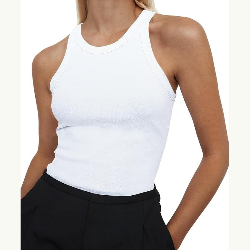 Ribbed Racer Neck Basic Tank Top - White