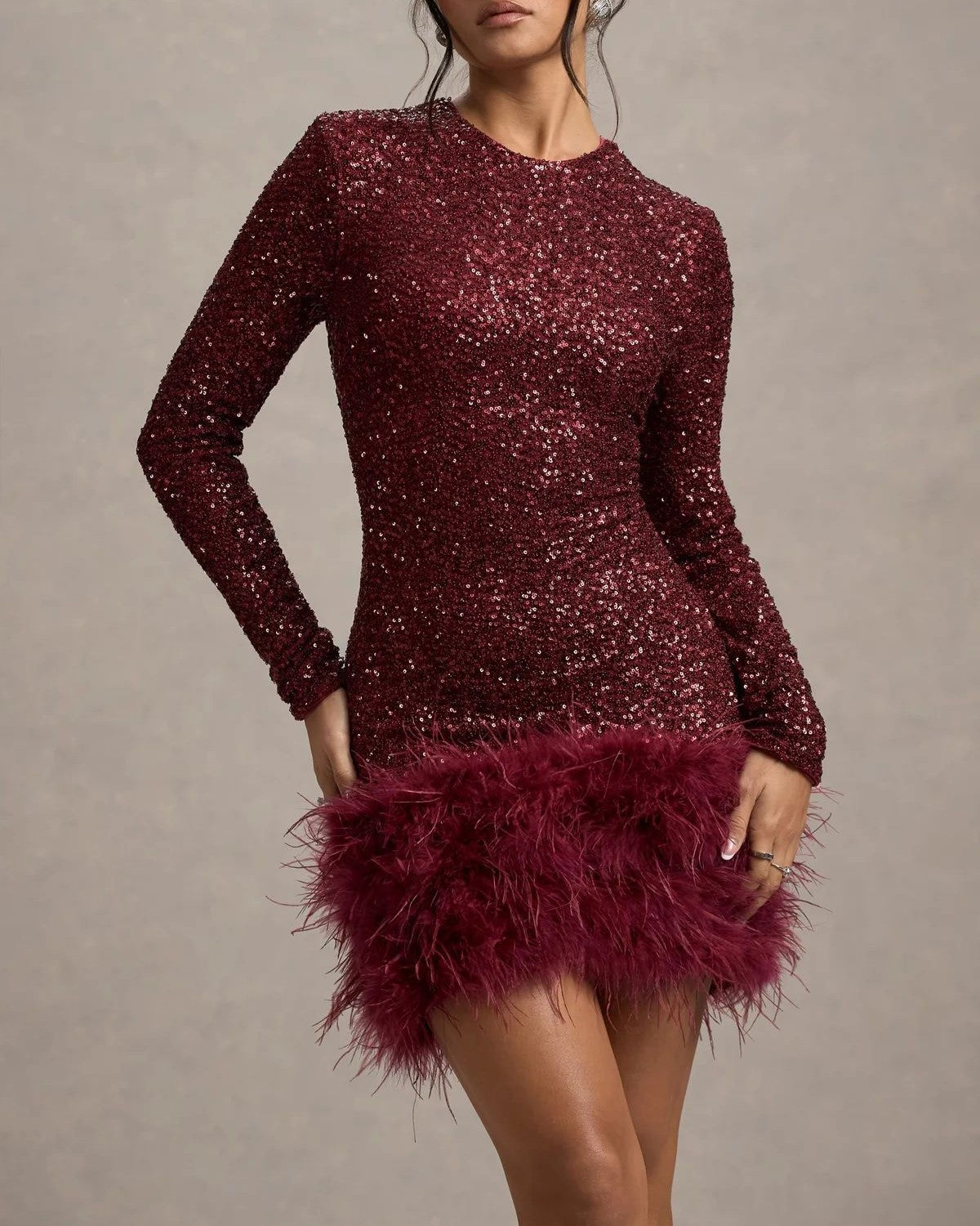 Crewneck Sequin Long Sleeve Feather Dress - Burgundy