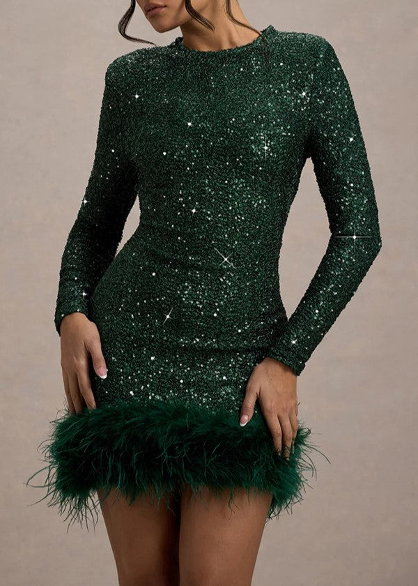 Crewneck Sequin Long Sleeve Feather Dress - Green