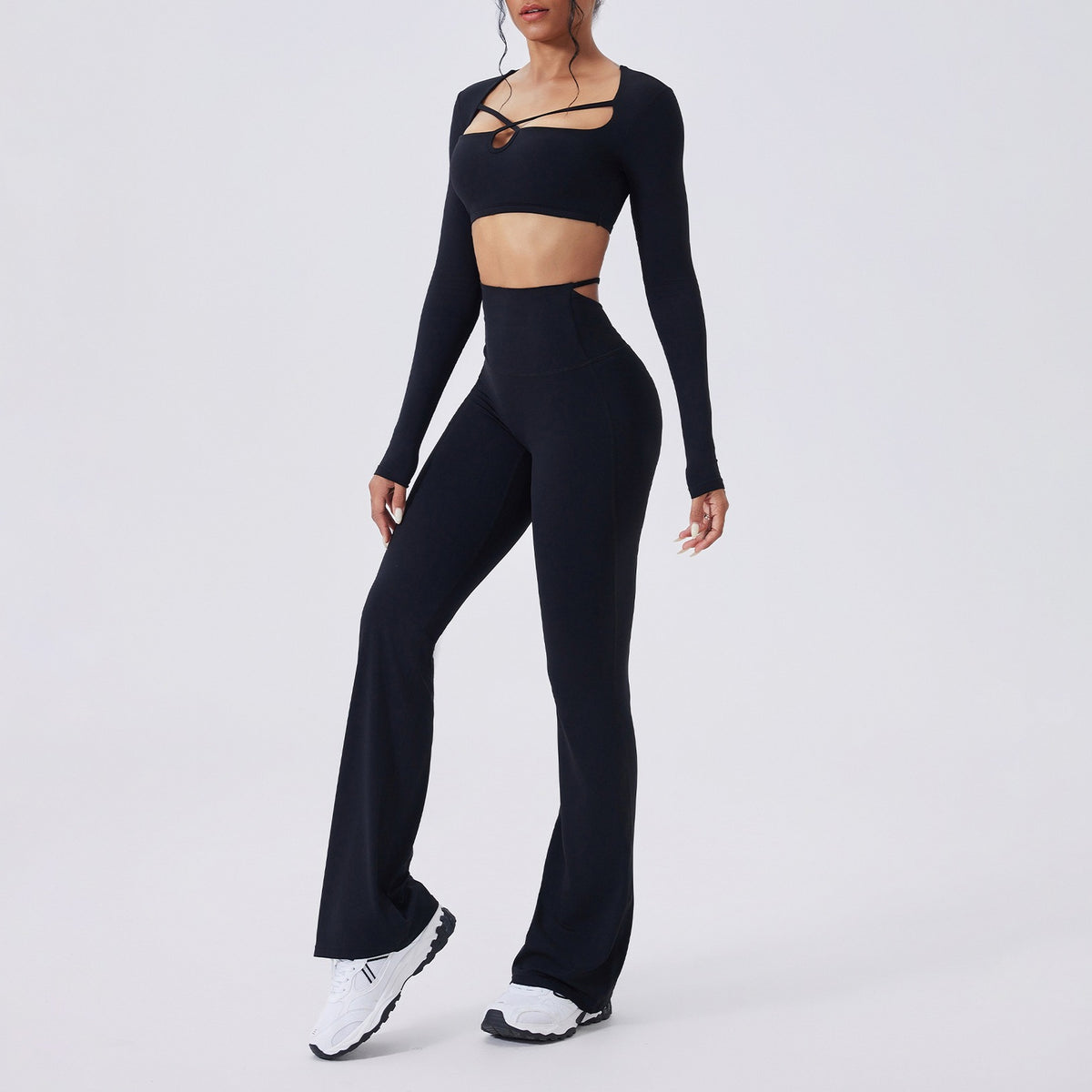 Cutout Long Sleeve Crop Top and Flare Yoga Set - Black