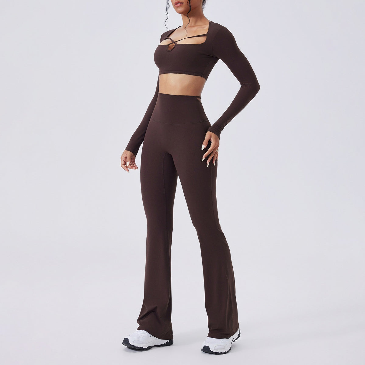 Cutout Long Sleeve Crop Top and Flare Yoga Set - Espresso