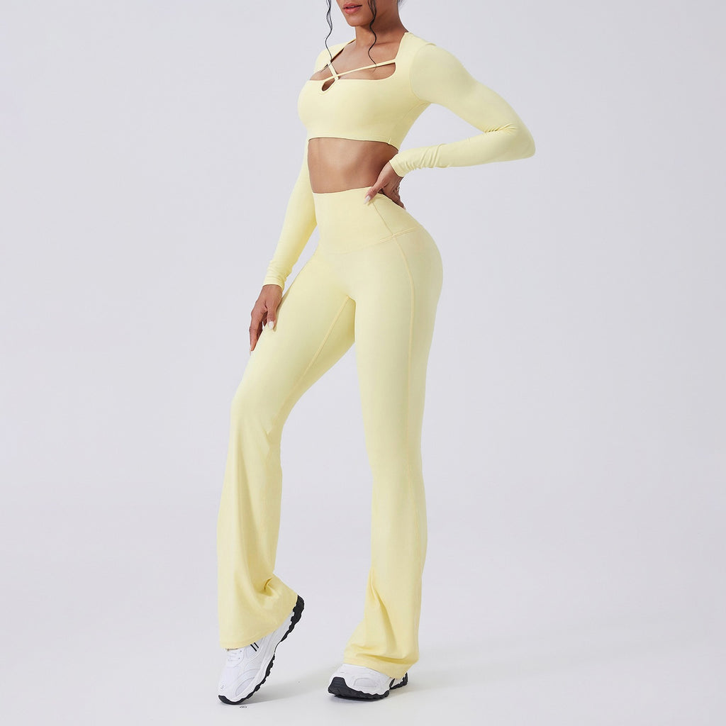 Cutout Long Sleeve Crop Top and Flare Yoga Set - Pale Yellow