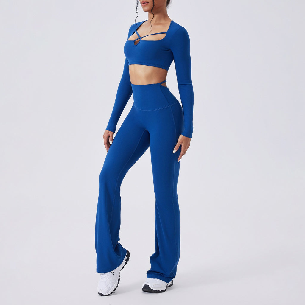 Cutout Long Sleeve Crop Top and Flare Yoga Set - Royal Blue