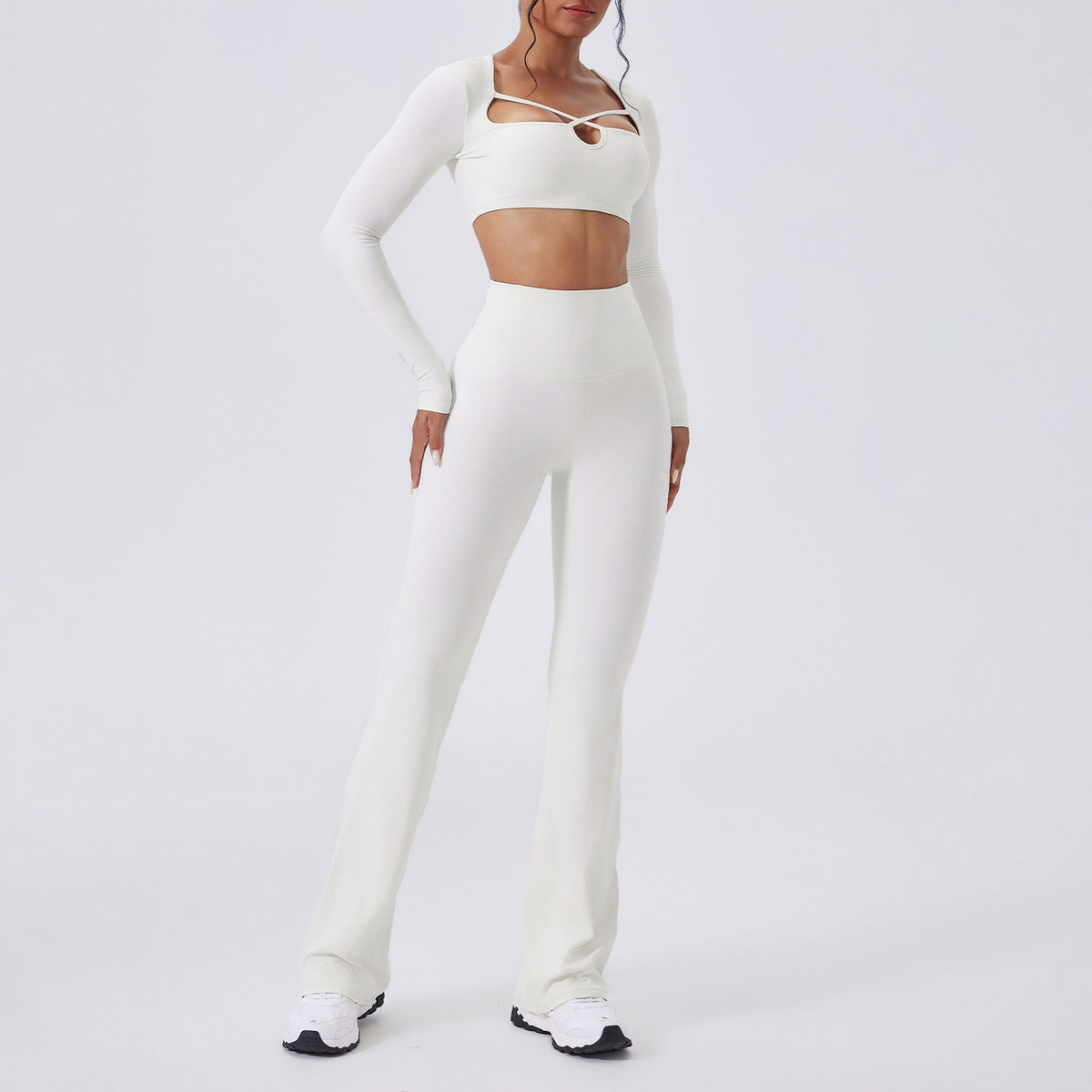 Cutout Long Sleeve Crop Top and Flare Yoga Set