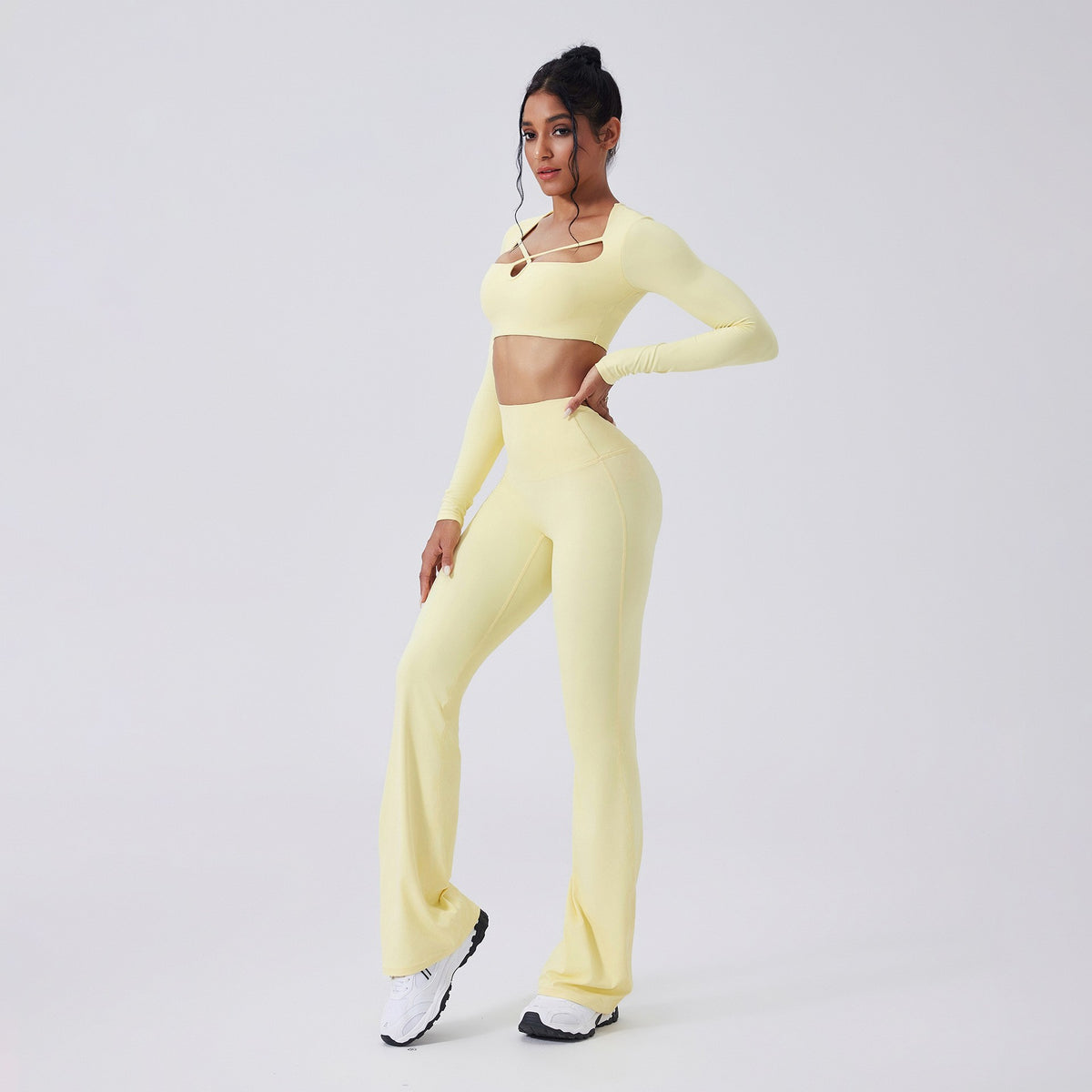 Cutout Long Sleeve Crop Top and Flare Yoga Set