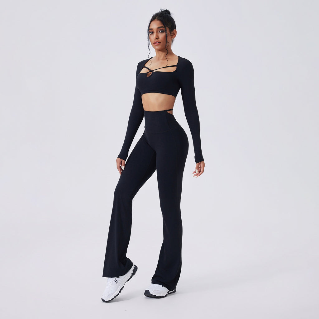 Cutout Long Sleeve Crop Top and Flare Yoga Set