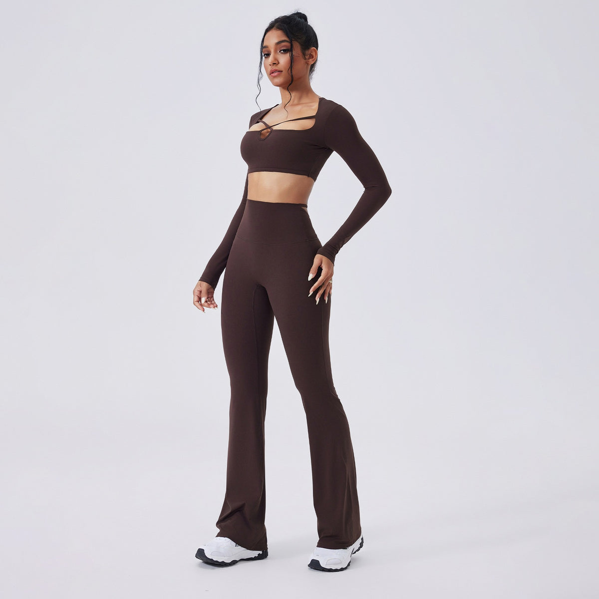 Cutout Long Sleeve Crop Top and Flare Yoga Set