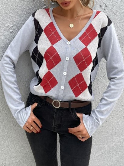 Argyle V Neck Button Front Cropped Cardigan - Grey