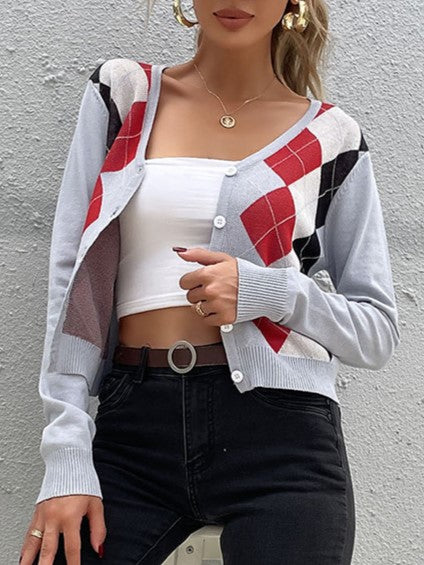 Argyle V Neck Button Front Cropped Cardigan - Grey - 1