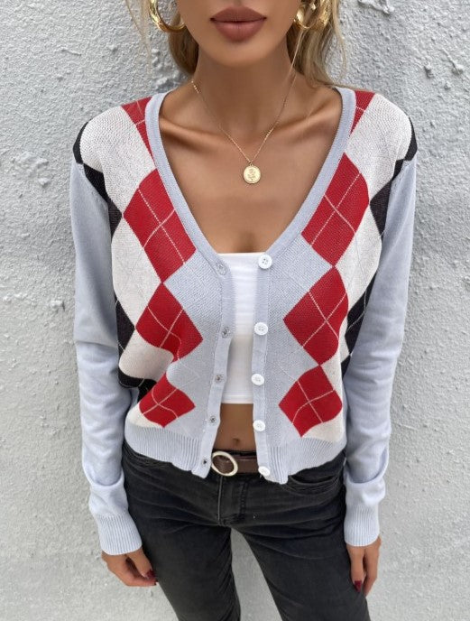 Argyle V Neck Button Front Cropped Cardigan - Grey - 2
