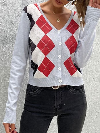Argyle V Neck Button Front Cropped Cardigan - Grey - 3