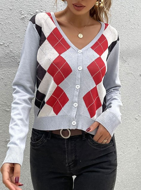 Argyle V Neck Button Front Cropped Cardigan - Grey - 4
