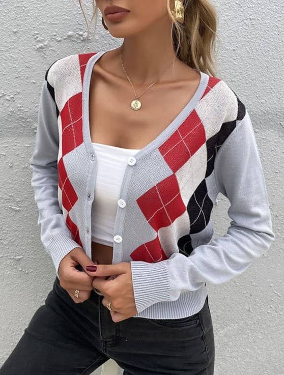 Argyle V Neck Button Front Cropped Cardigan