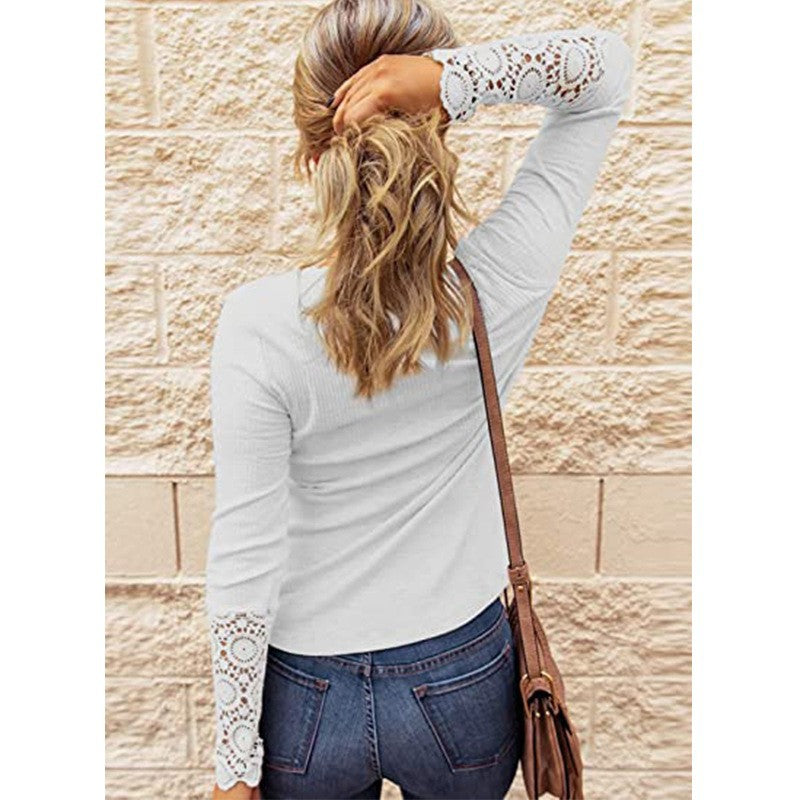 Crochet Lace Sleeve Ribbed Henley Top - White - 1