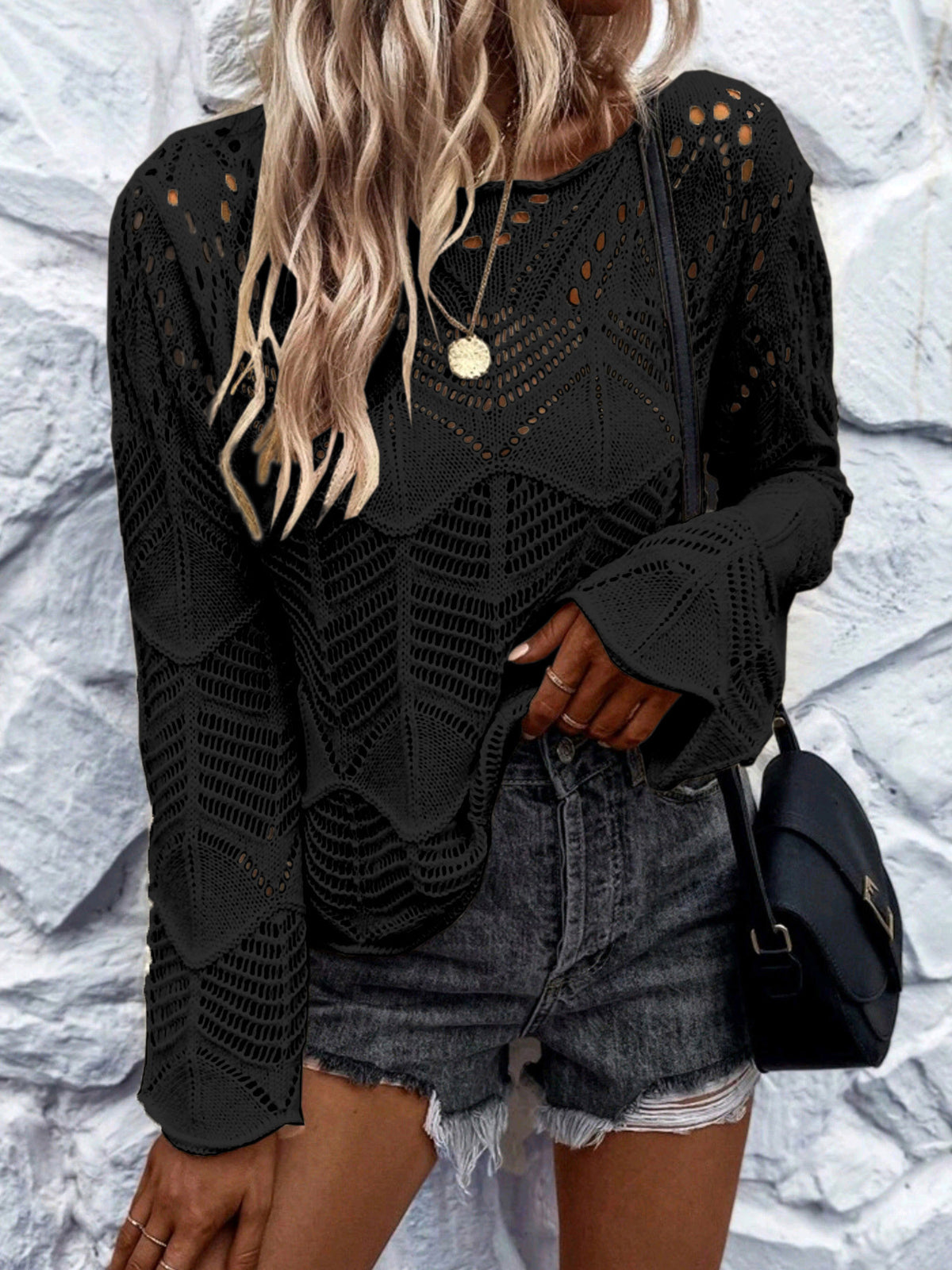 Pointelle Crochet Knit Bell Sleeve Sweater - Black