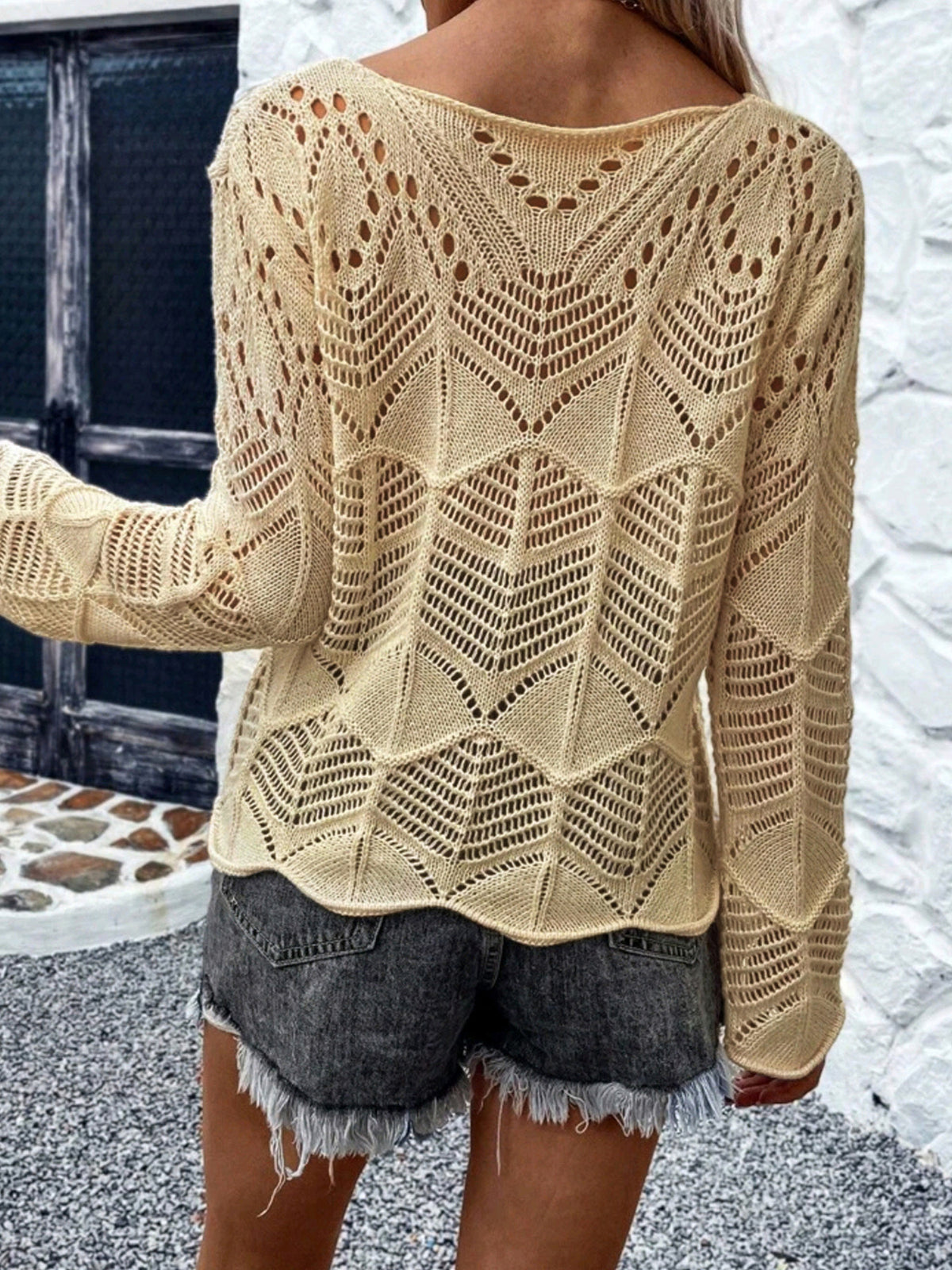 Pointelle Crochet Knit Bell Sleeve Sweater