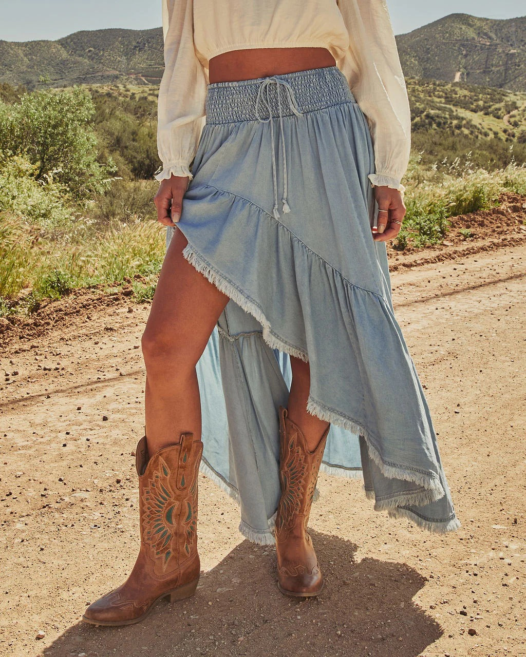 Tiered Ruffle High Low Denim Maxi Skirt - Blue
