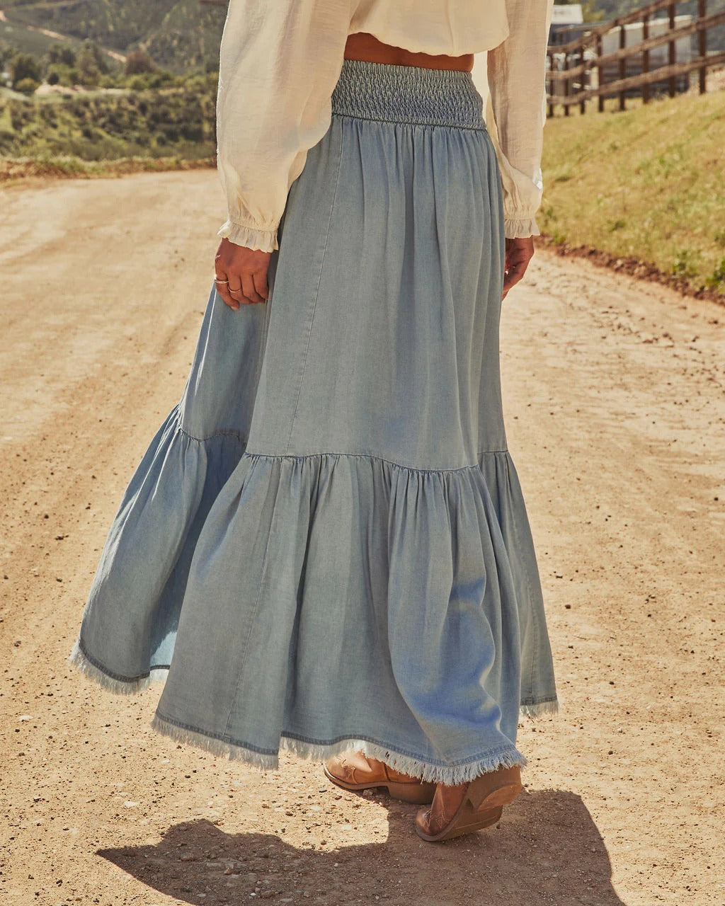 Tiered Ruffle High Low Denim Maxi Skirt - Blue - 2
