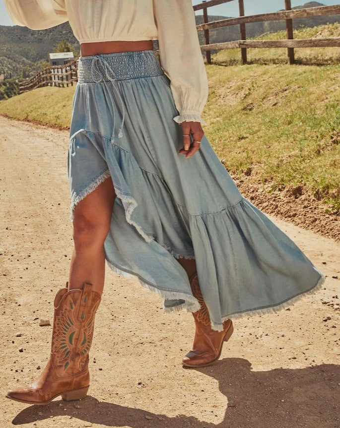 Tiered Ruffle High Low Denim Maxi Skirt - Blue - 3