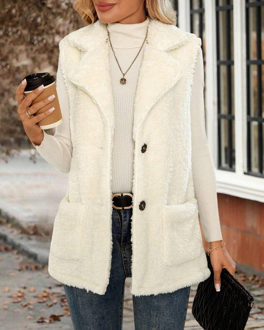 Sherpa Sleeveless Jacket With Lapel Collar - White