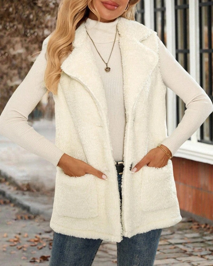 Sherpa Sleeveless Jacket With Lapel Collar - White - 2