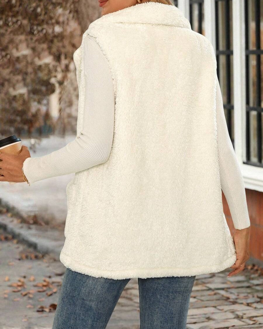 Sherpa Sleeveless Jacket With Lapel Collar - White - 3