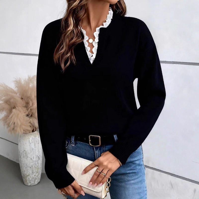 Lace Trim Split Neck Knit Pullover - Black