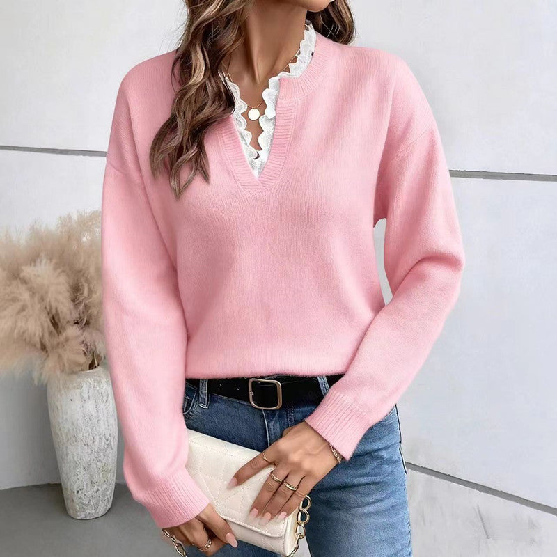 Lace Trim Split Neck Knit Pullover - Pink