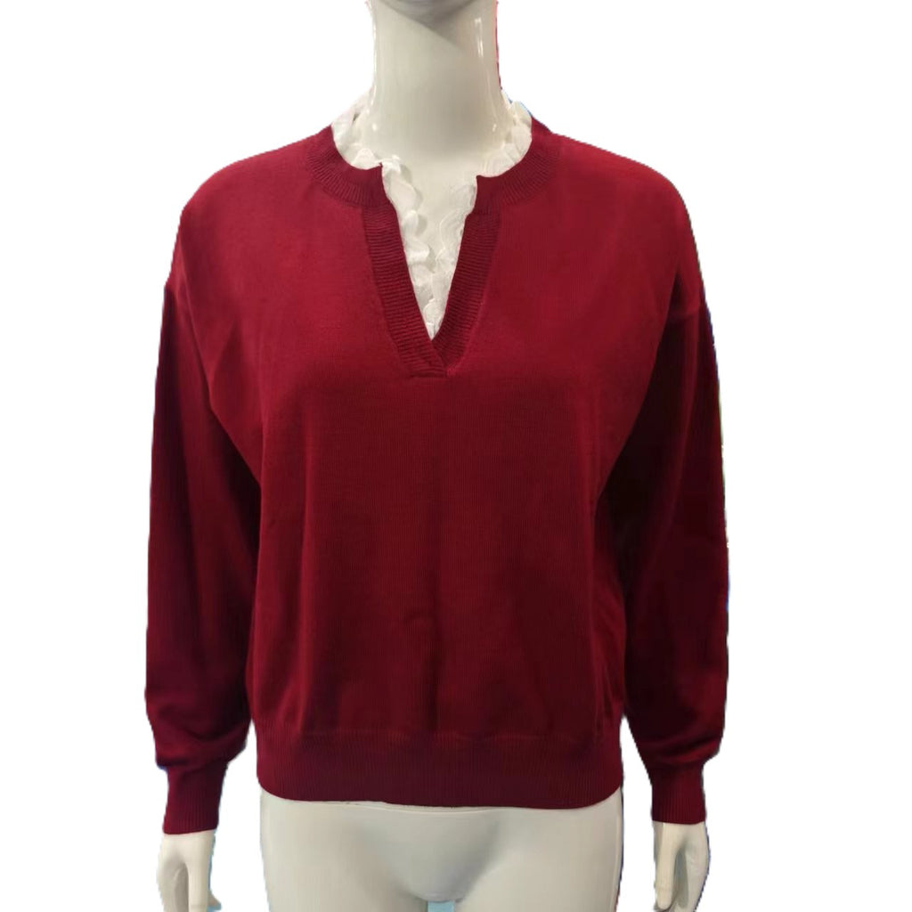 Lace Trim Split Neck Knit Pullover - Red