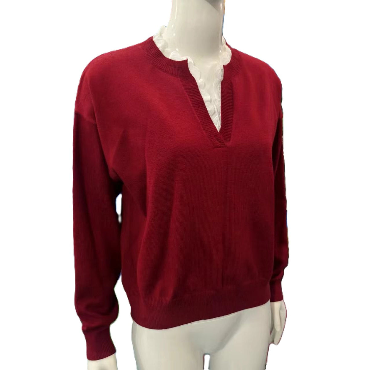 Lace Trim Split Neck Knit Pullover - Red - 1
