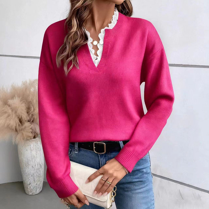 Lace Trim Split Neck Knit Pullover - Rosered