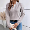 Lace Trim Split Neck Knit Pullover - Silvergrey