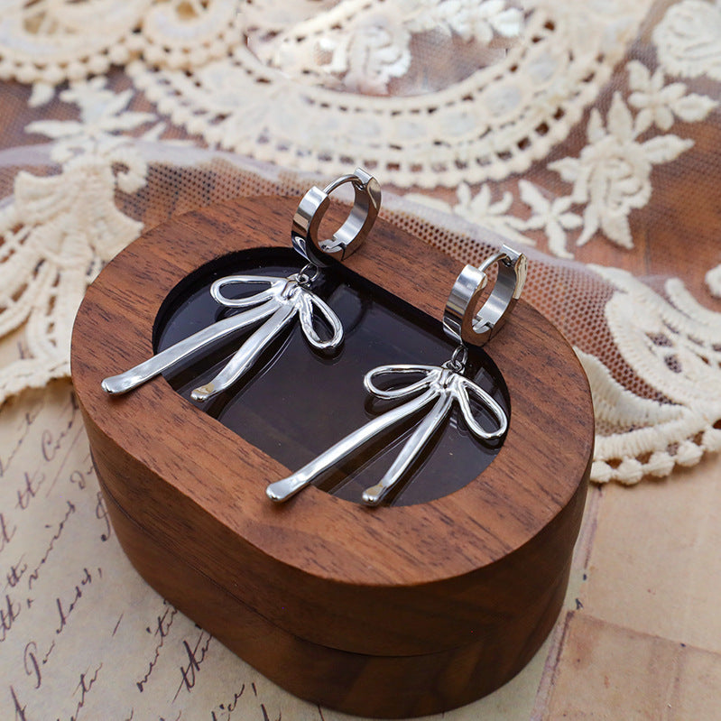 Ribbon Bow Tassel Drop Earrings - Silvery - 1