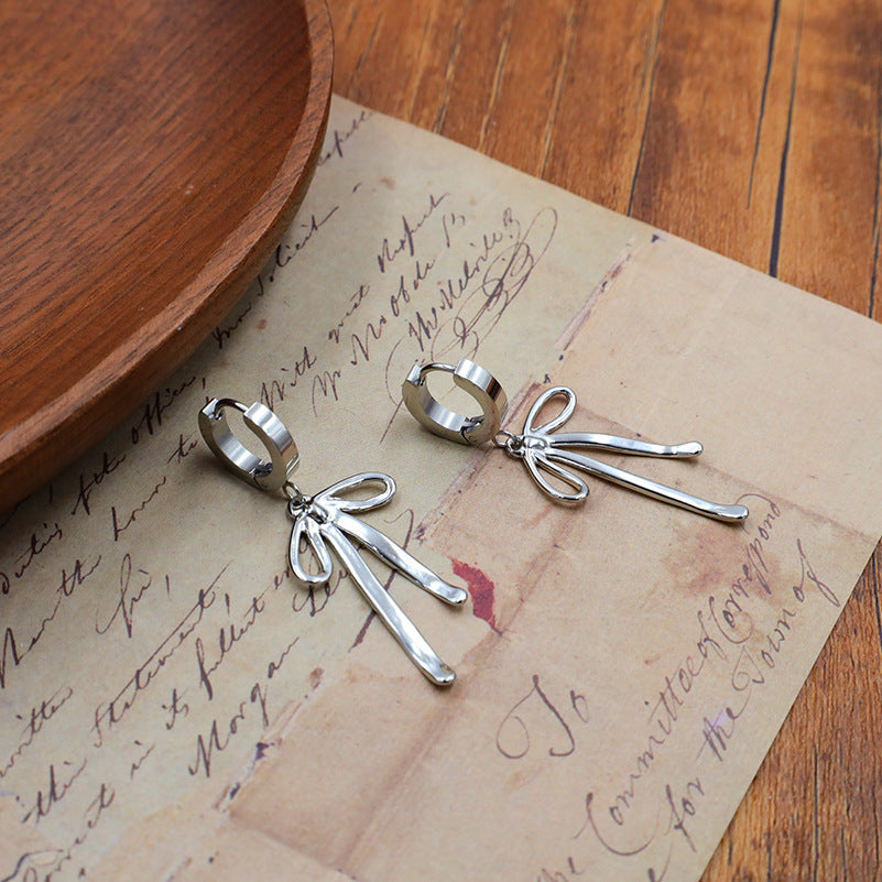 Ribbon Bow Tassel Drop Earrings - Silvery - 2