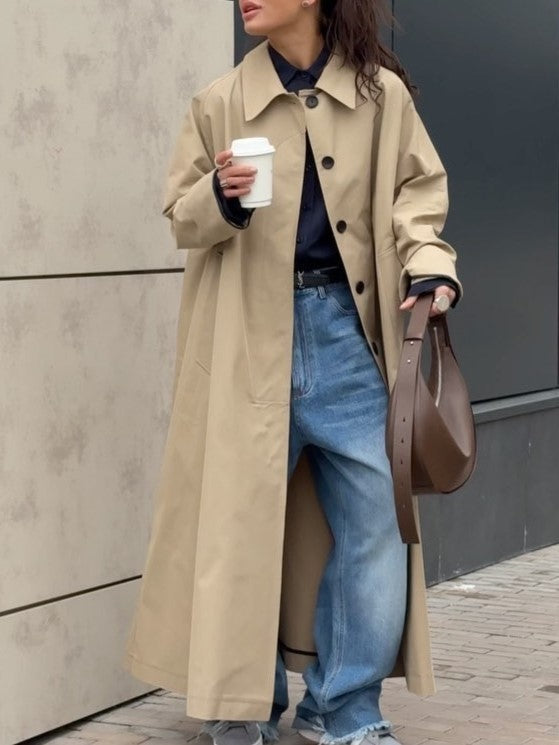 Longline Single Breasted Cotton Trench Coat - Khaki
