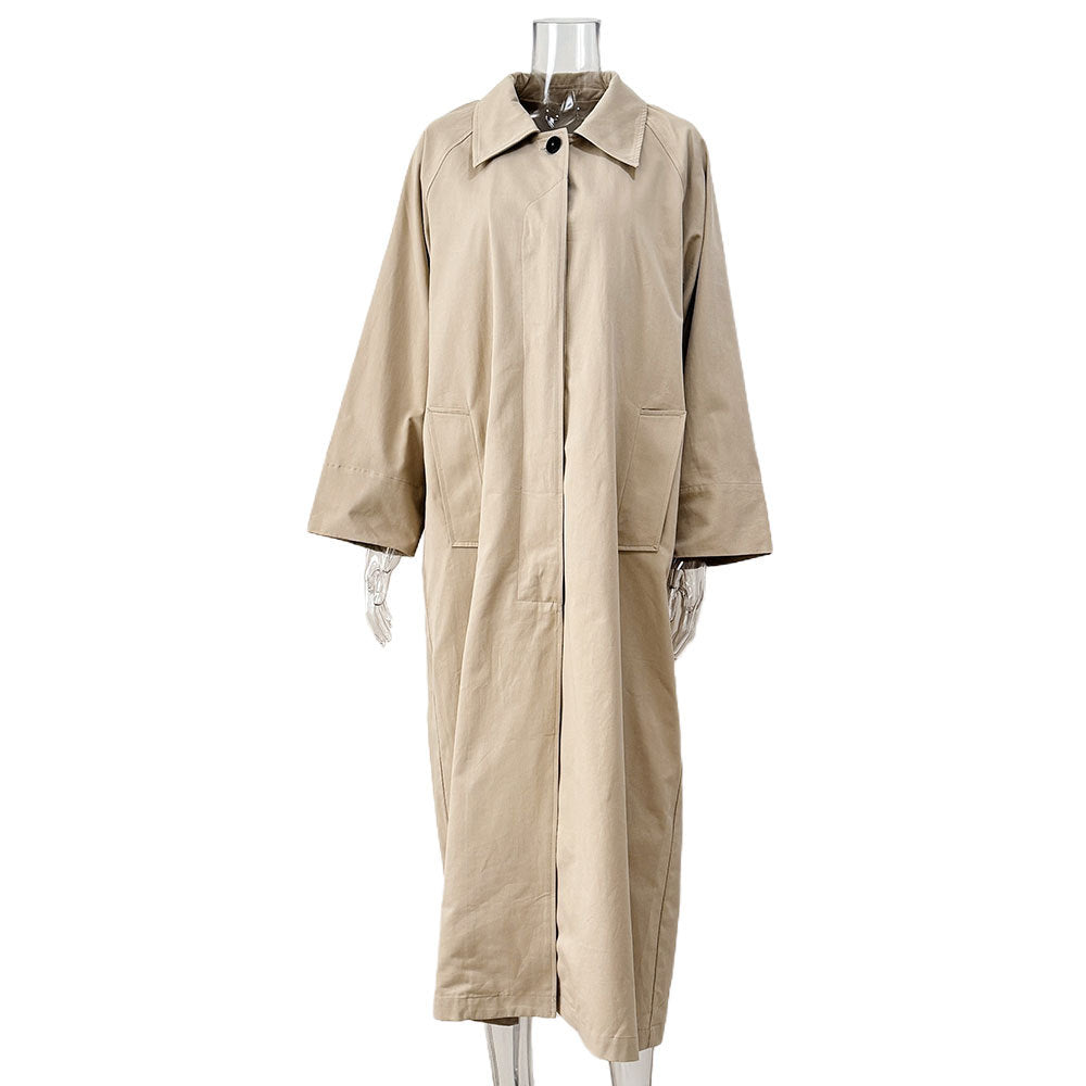 Longline Single Breasted Cotton Trench Coat - Khaki - 1