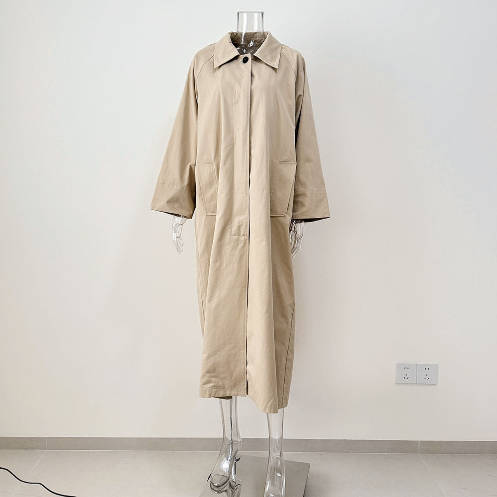 Longline Single Breasted Cotton Trench Coat - Khaki - 15