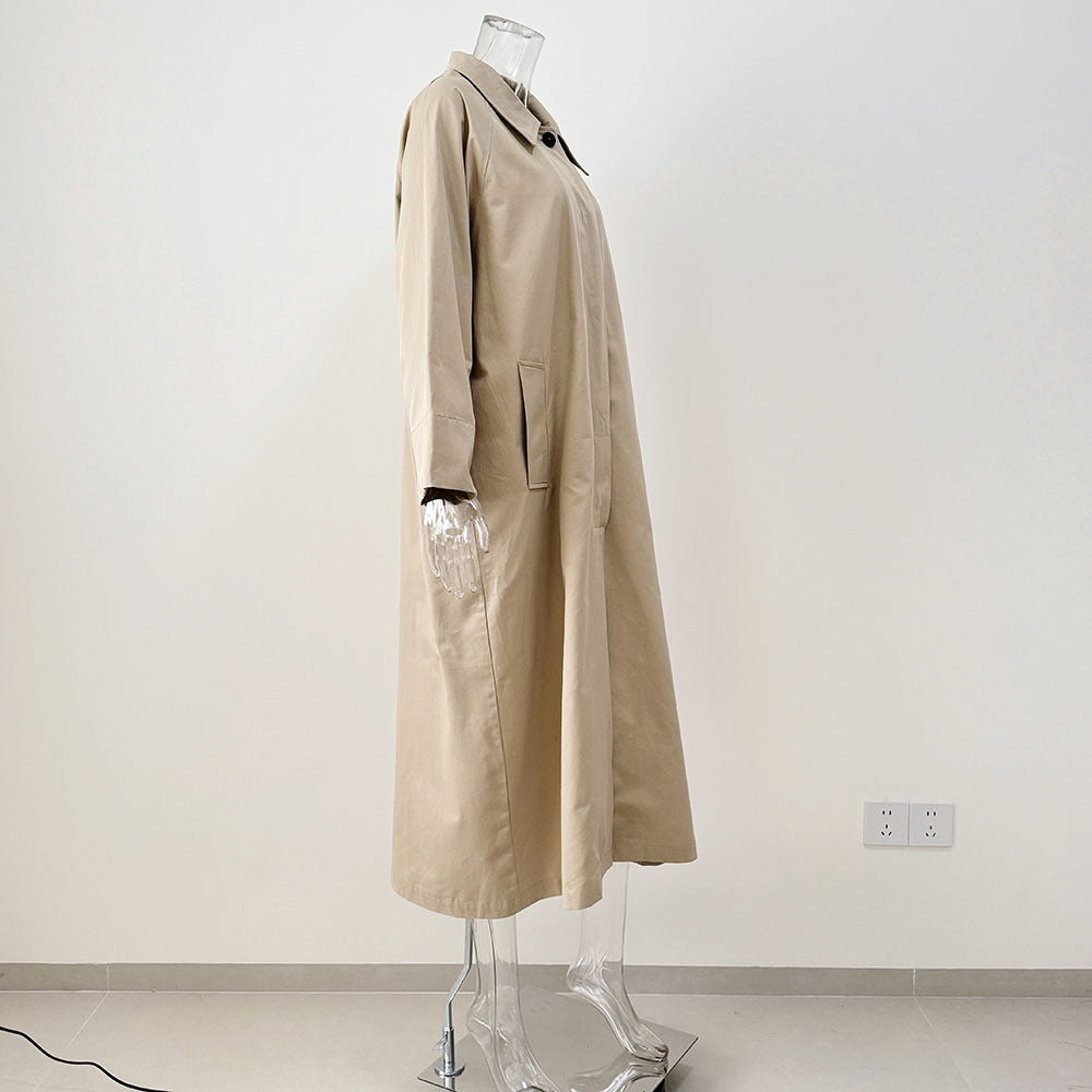 Longline Single Breasted Cotton Trench Coat - Khaki - 16