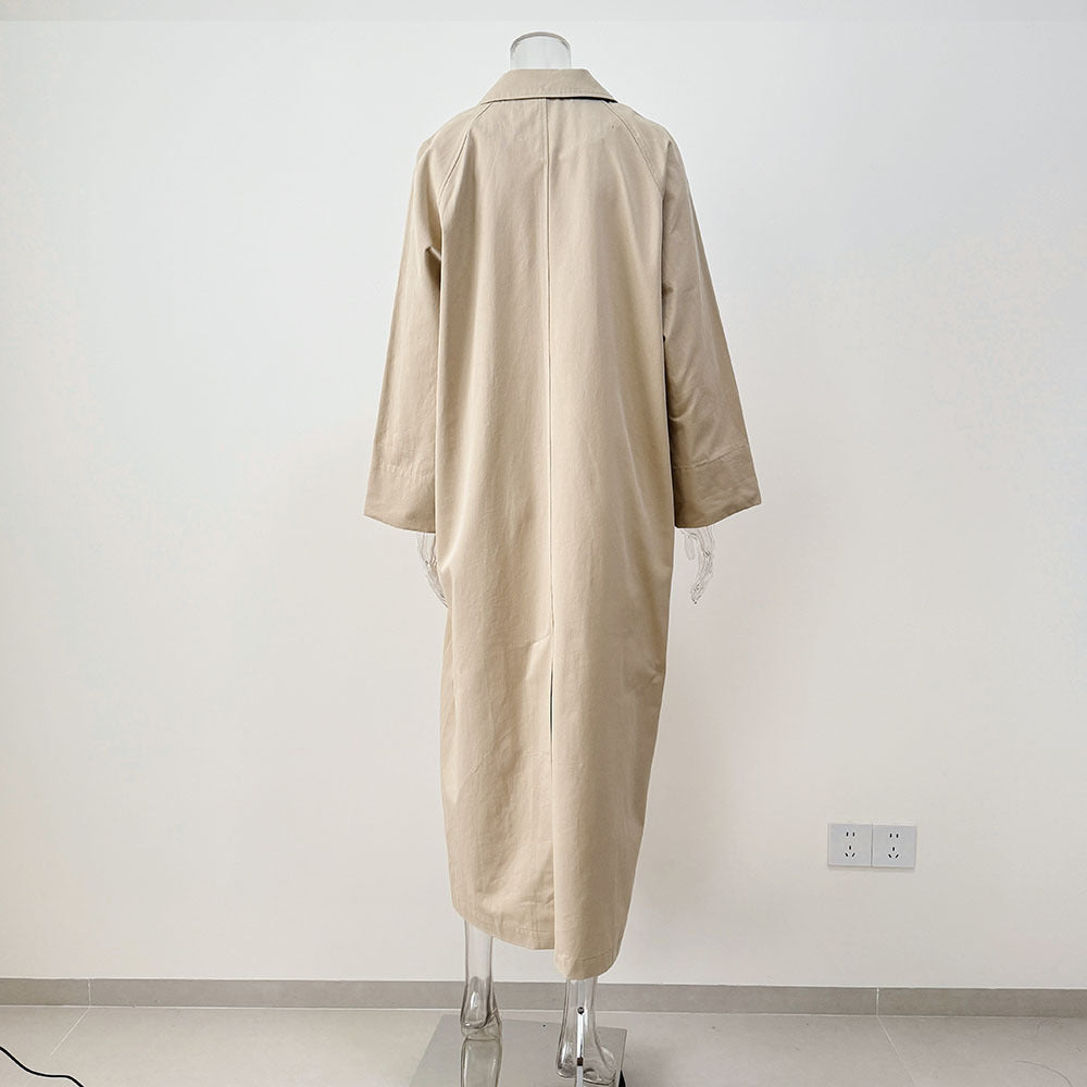 Longline Single Breasted Cotton Trench Coat - Khaki - 17