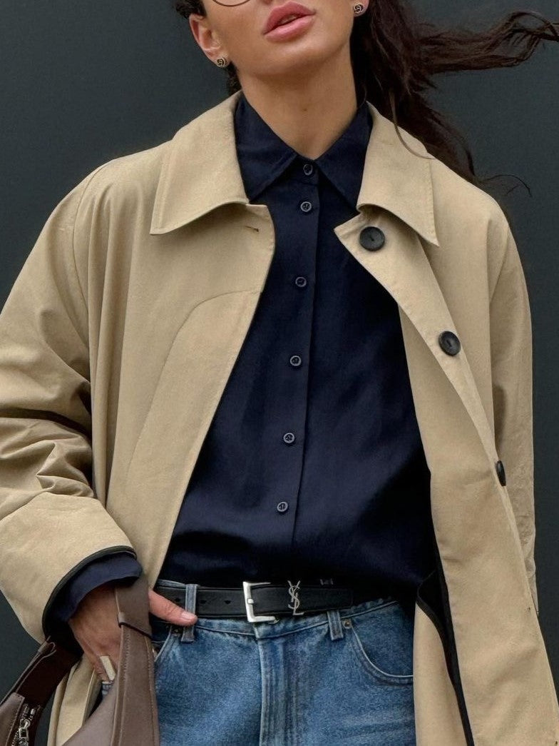 Longline Single Breasted Cotton Trench Coat - Khaki - 18