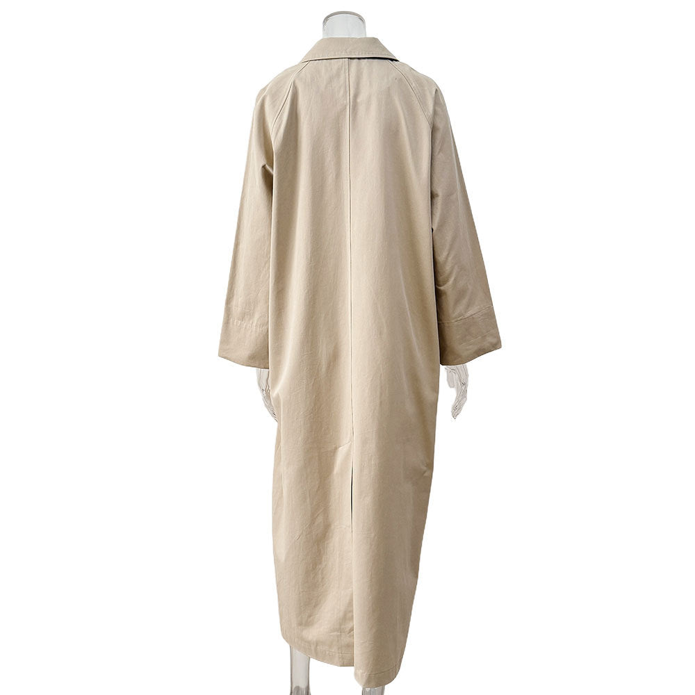 Longline Single Breasted Cotton Trench Coat - Khaki - 2