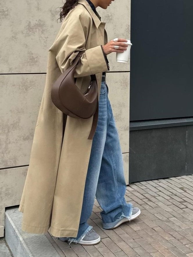 Longline Single Breasted Cotton Trench Coat - Khaki - 21