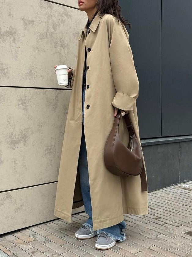 Longline Single Breasted Cotton Trench Coat - Khaki - 22