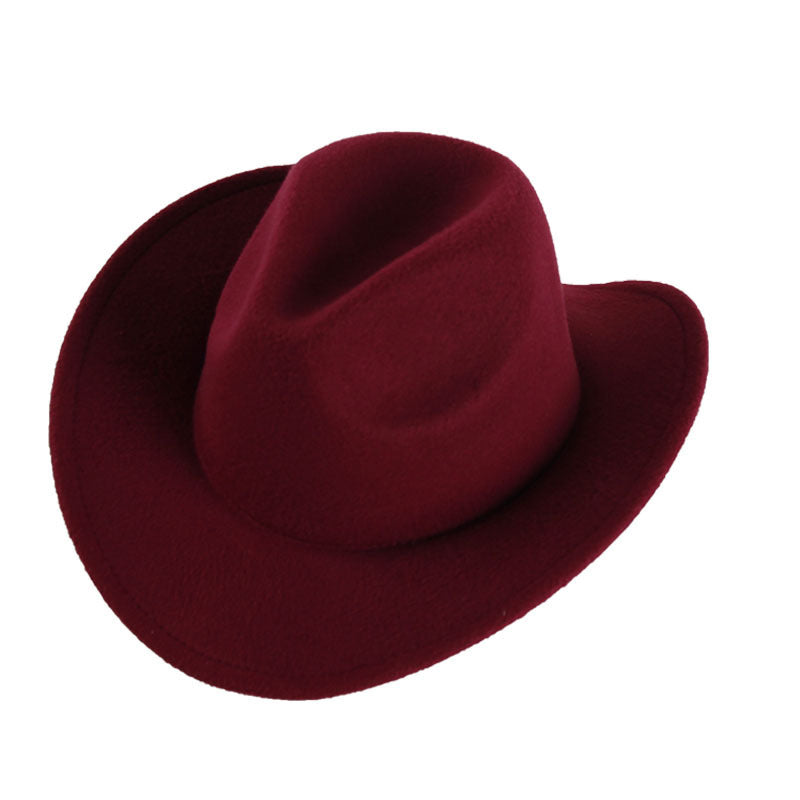 Curled Brim Felt Western Cowboy Hat - Wine_Red