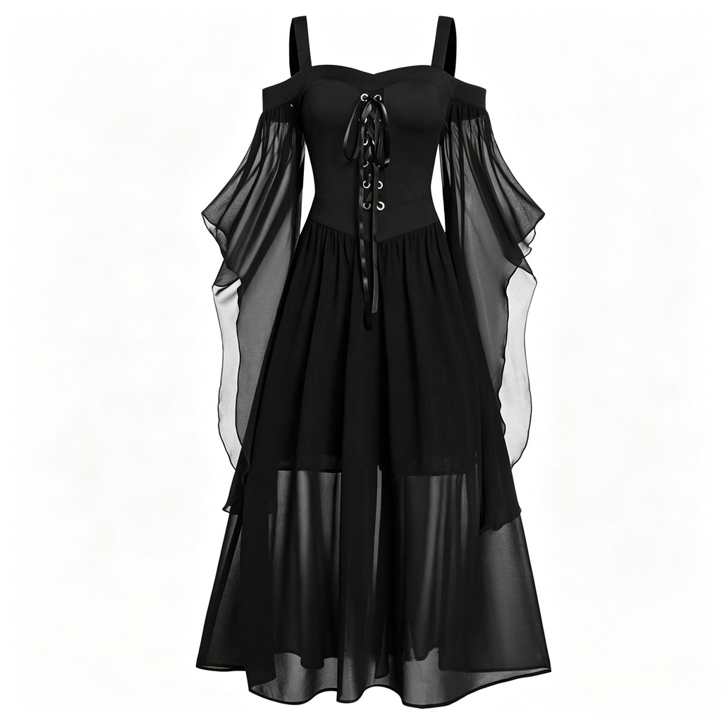 Sheer Mesh Bell Sleeve Lace Up Midi Dress - Black