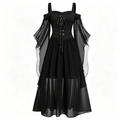 Sheer Mesh Bell Sleeve Lace Up Midi Dress - Black
