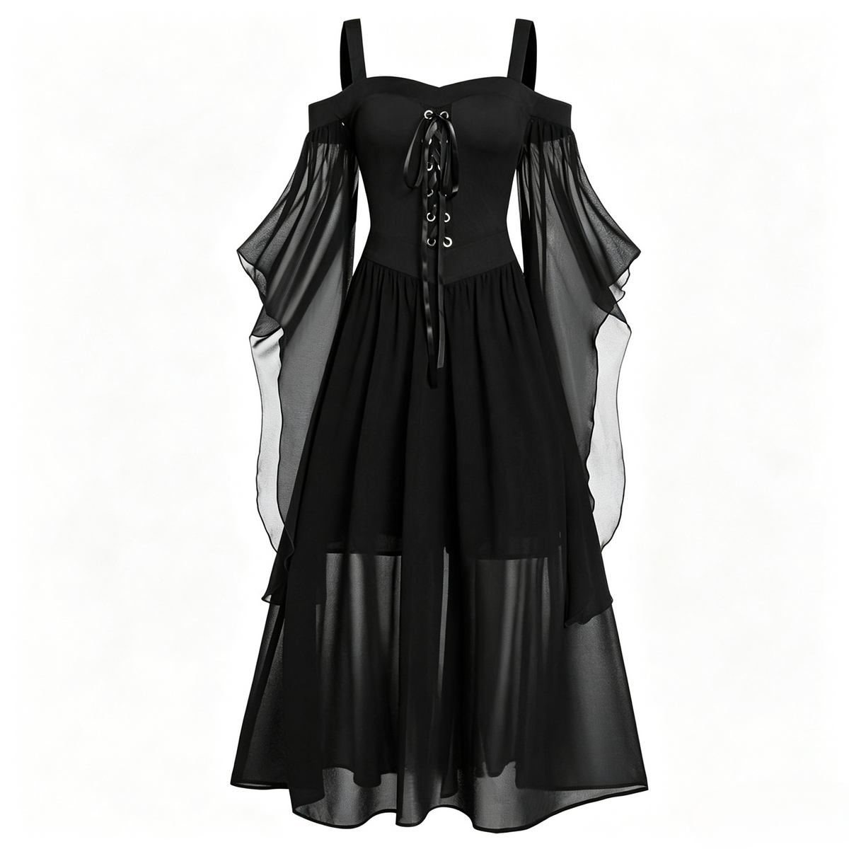 Sheer Mesh Bell Sleeve Lace Up Midi Dress - Black